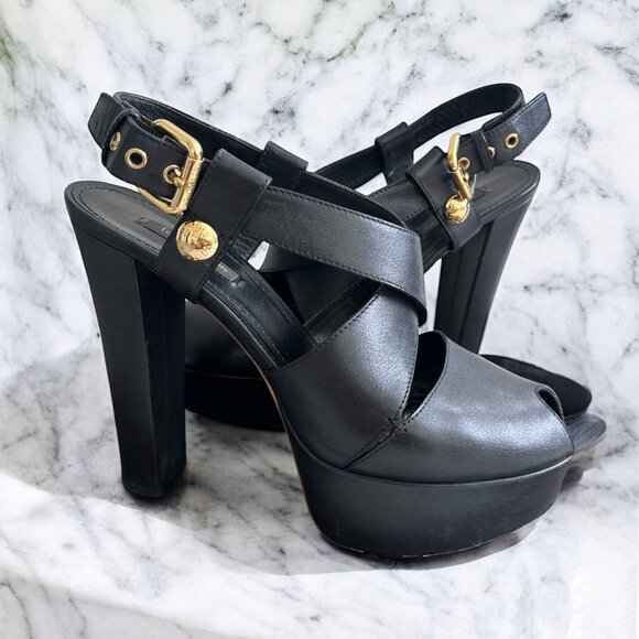 LOUIS VUITTON Wide Strappy Black Leather Platform Heels Size 37 / US 7 - Picture 1 of 12